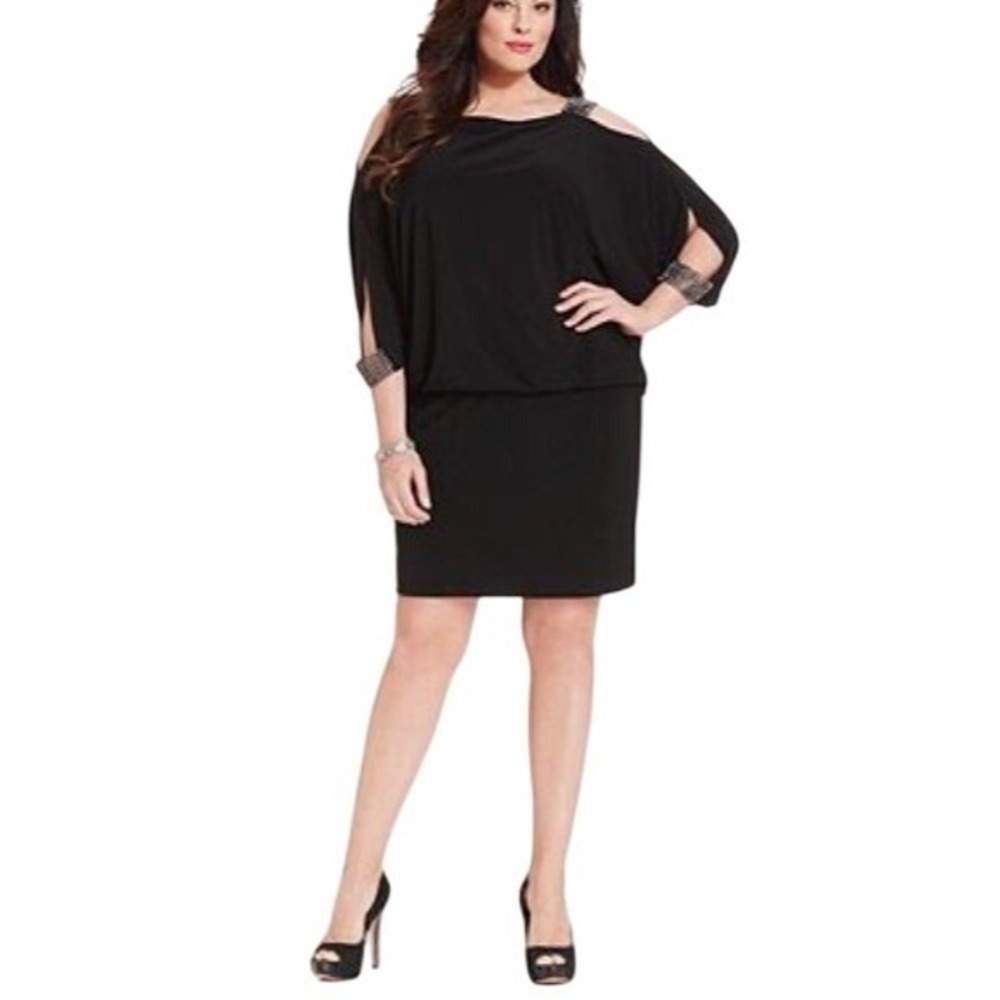NWOT Betsy & Adam Dress Blouson‎ Splitsleeve Womens 14W Black Rhinestone A13208W